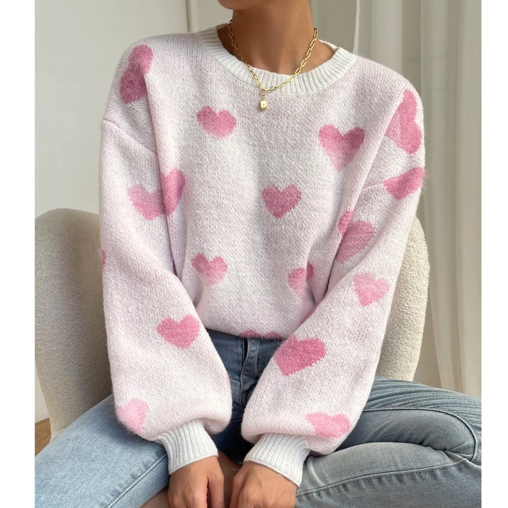 Pink Ombre Hearts Print Knit Sweater Pullover Long Sleeve
